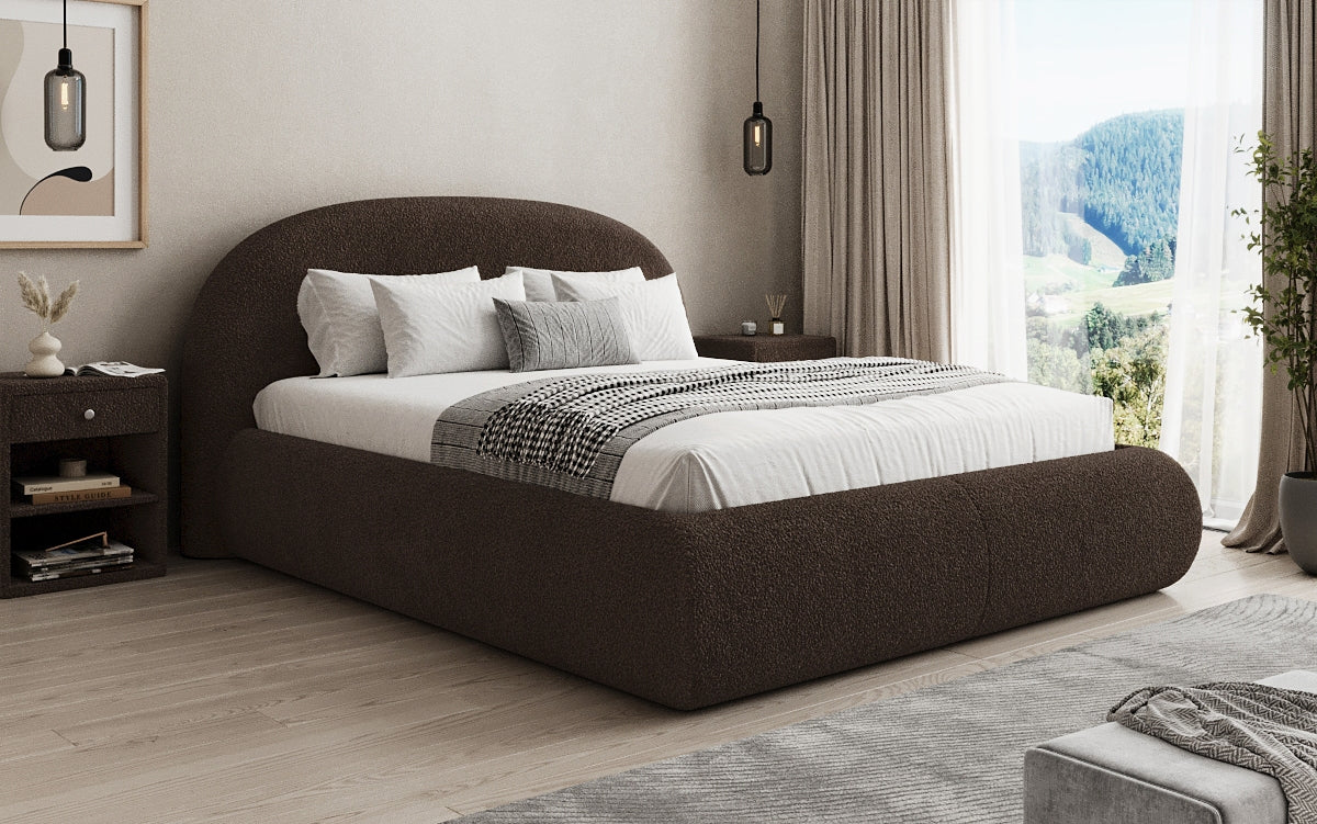 Designer upholstered bed Loop in teddy bouclé with storage space