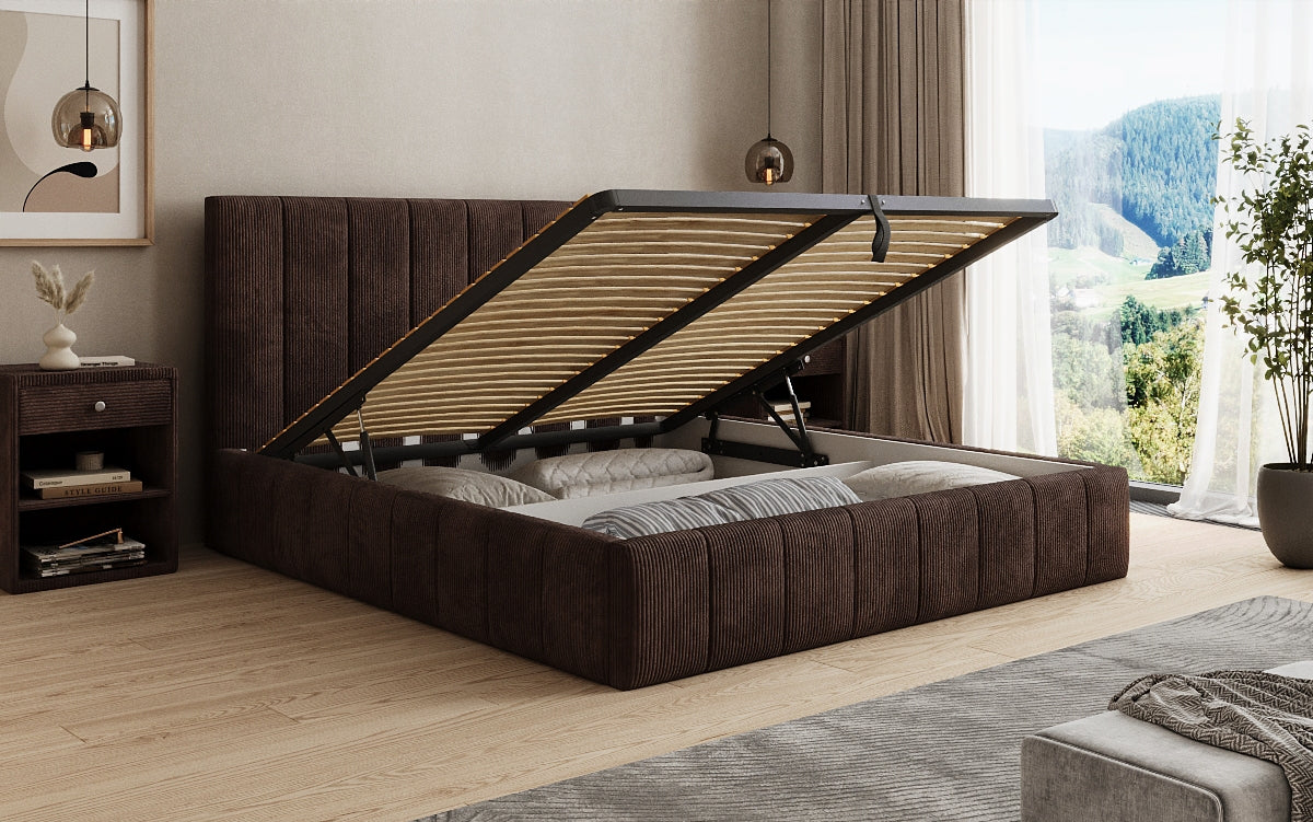 Designer upholstered bed Maja in Corduroy with storage