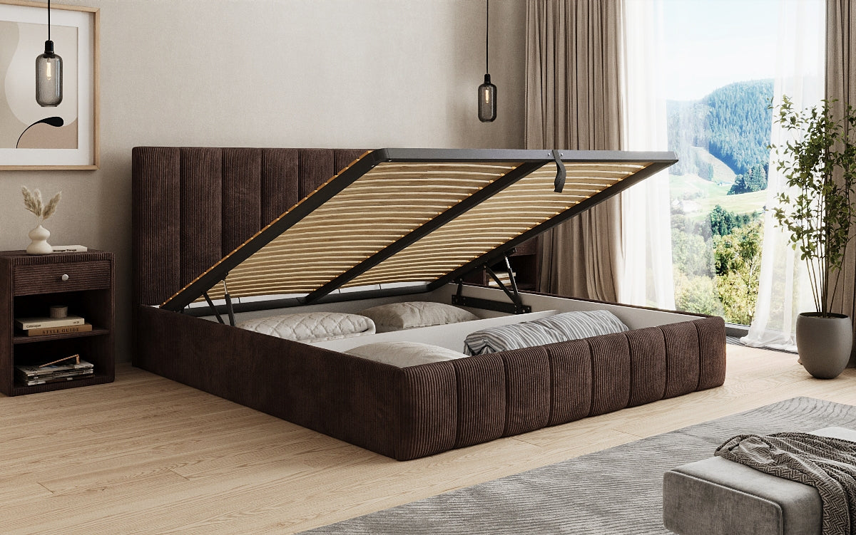 Designer upholstered bed Mila in Corduroy with storage