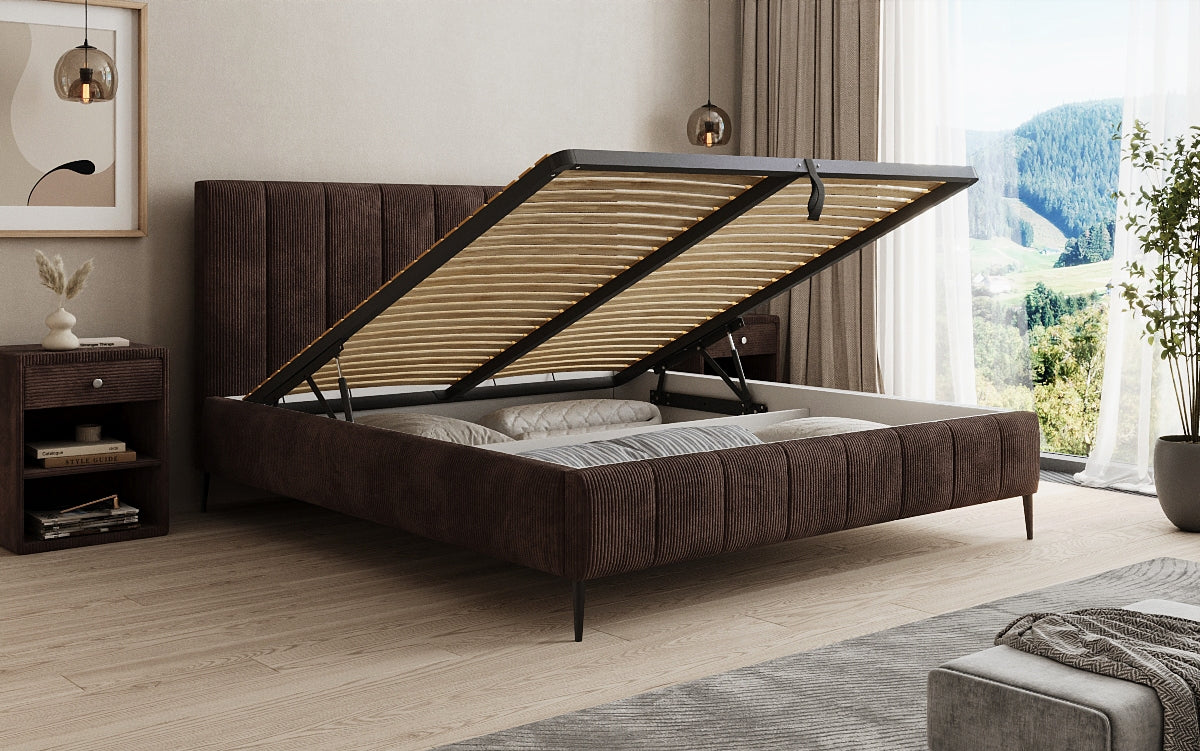 Designer upholstered bed Astrid in Corduroy with storage space
