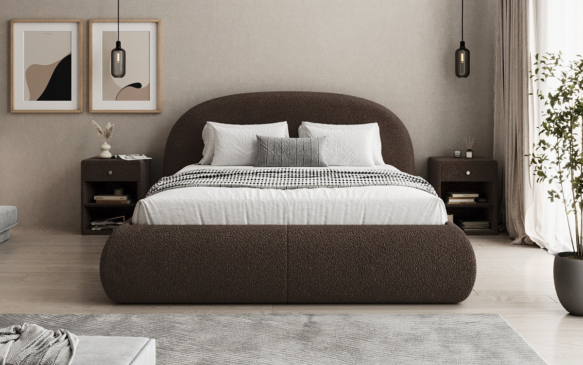 Designer upholstered bed Loop in teddy bouclé with storage space