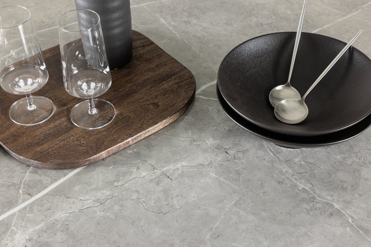 Dining table Justin - round dining table made of ash wood in mocha with glass top