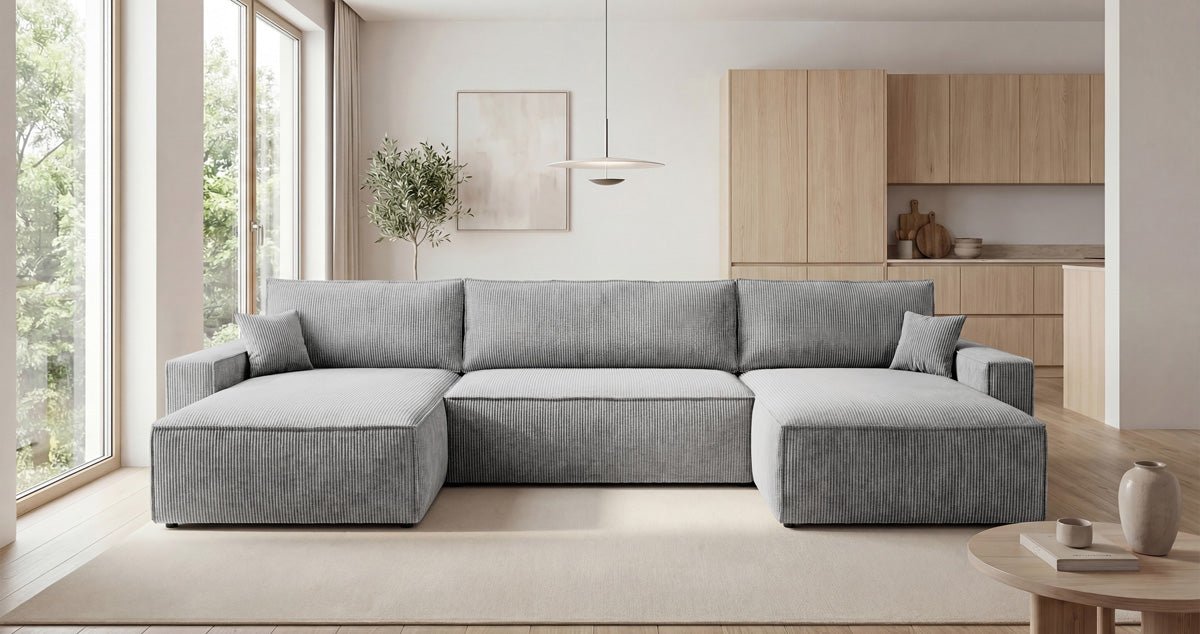 Designer Sofa Vienna U mit Schlaffunktion und Stauraum in Cord