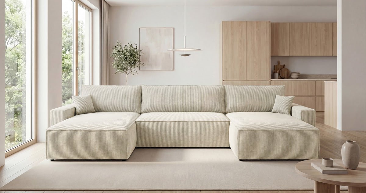Designer Sofa Vienna U mit Schlaffunktion und Stauraum in Cord