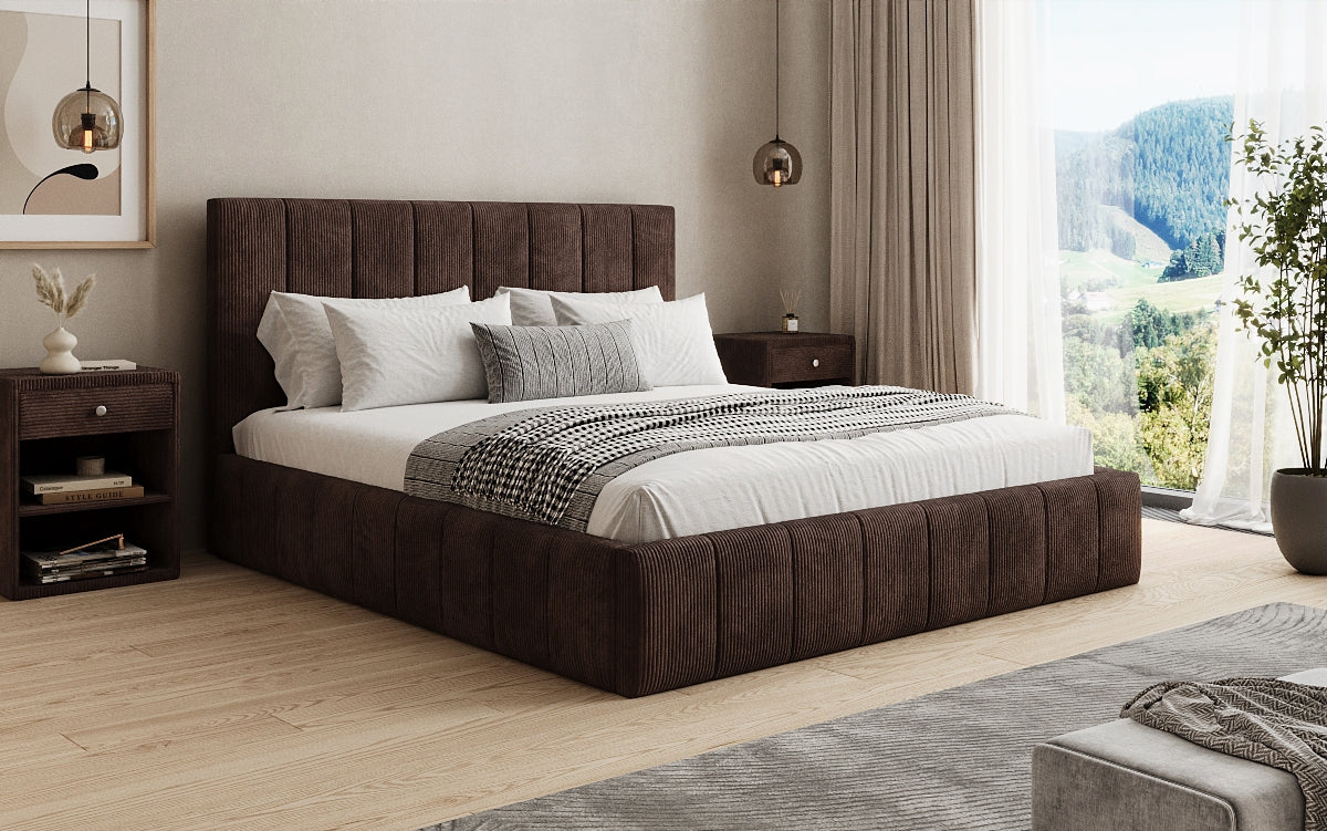 Designer upholstered bed Maja in Corduroy with storage