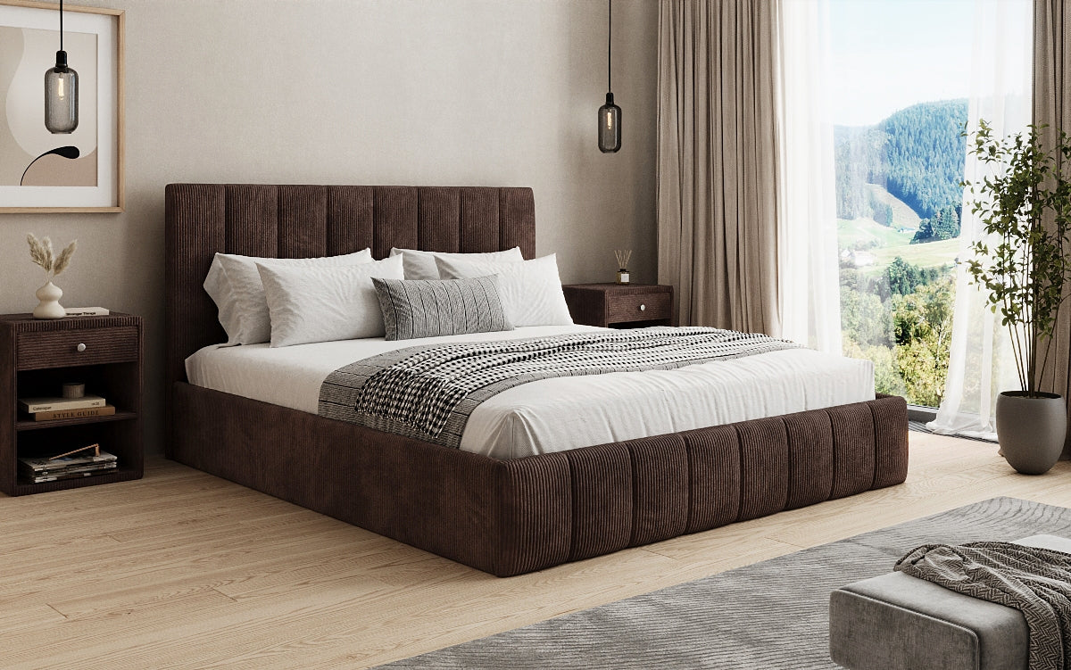 Designer upholstered bed Mila in Corduroy with storage