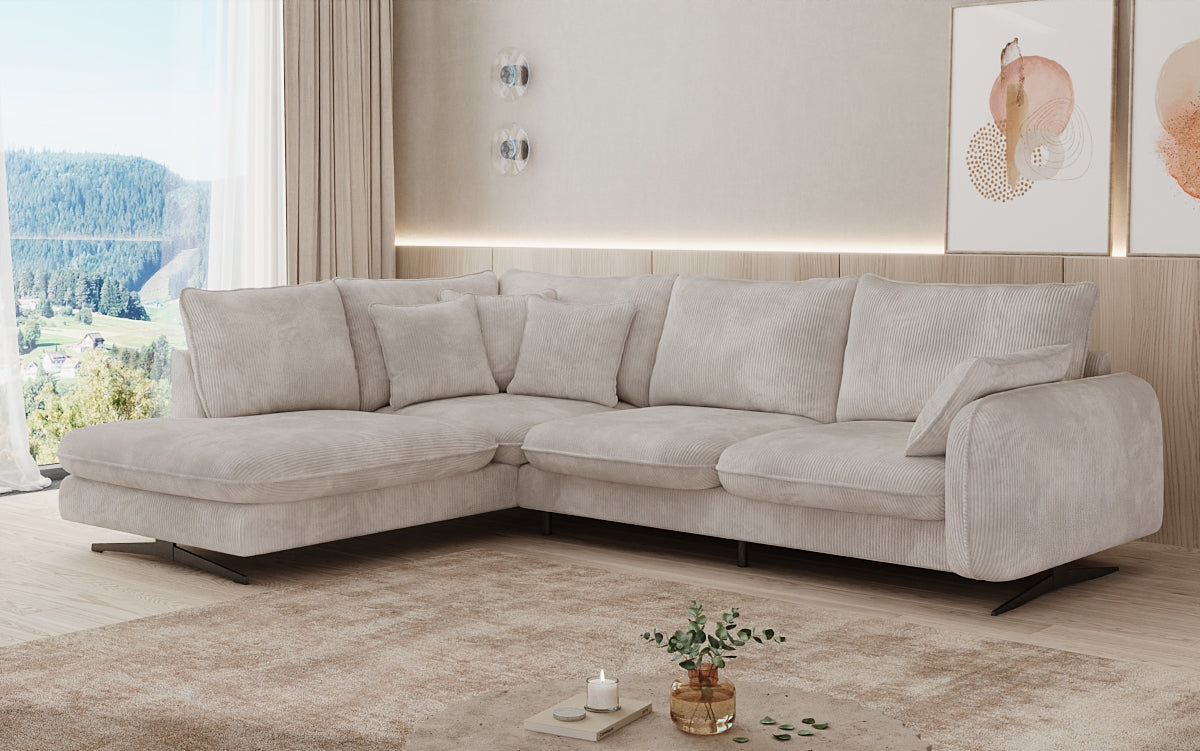 Designer corner sofa Laguna with metal feet in Corduroy