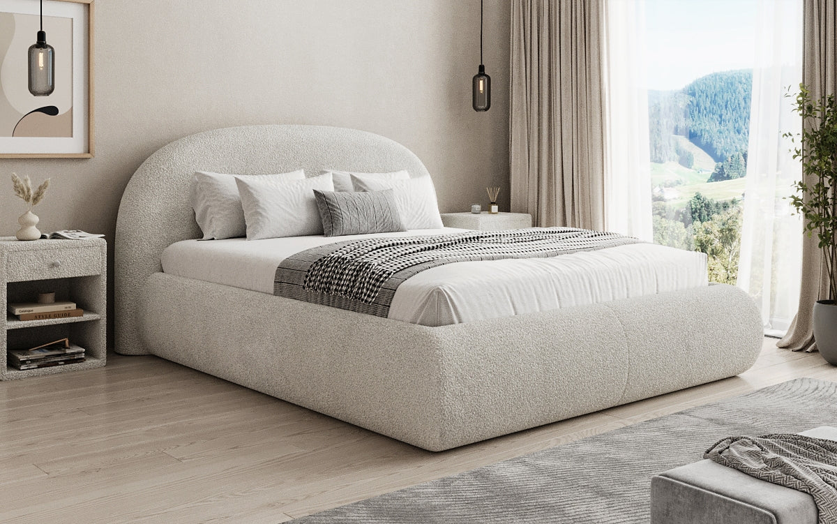 Designer upholstered bed Loop in teddy bouclé with storage space