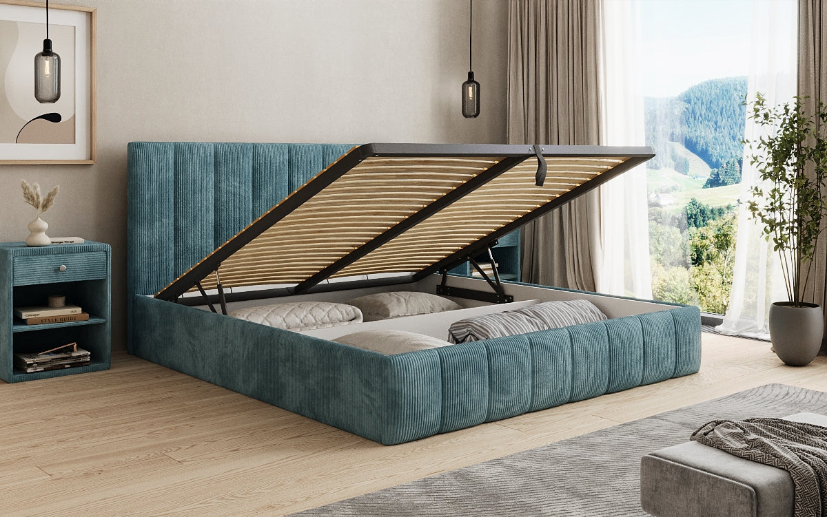Designer upholstered bed Mila in Corduroy with storage