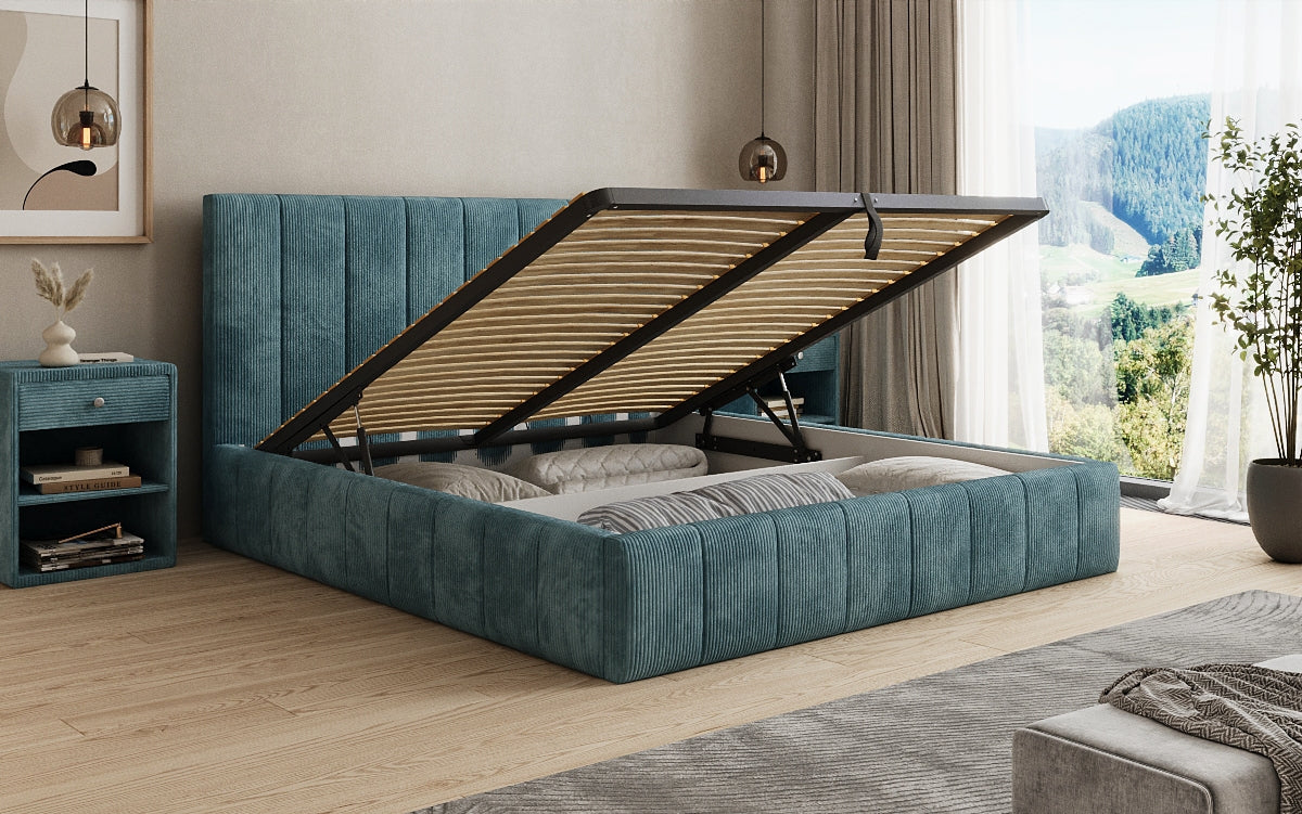 Designer upholstered bed Maja in Corduroy with storage