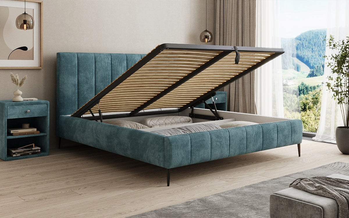 Designer upholstered bed Astrid in Corduroy with storage space