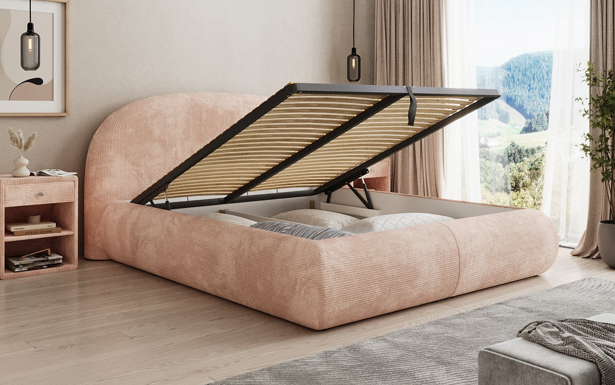 Designer upholstered bed Loop in Corduroy with storage space