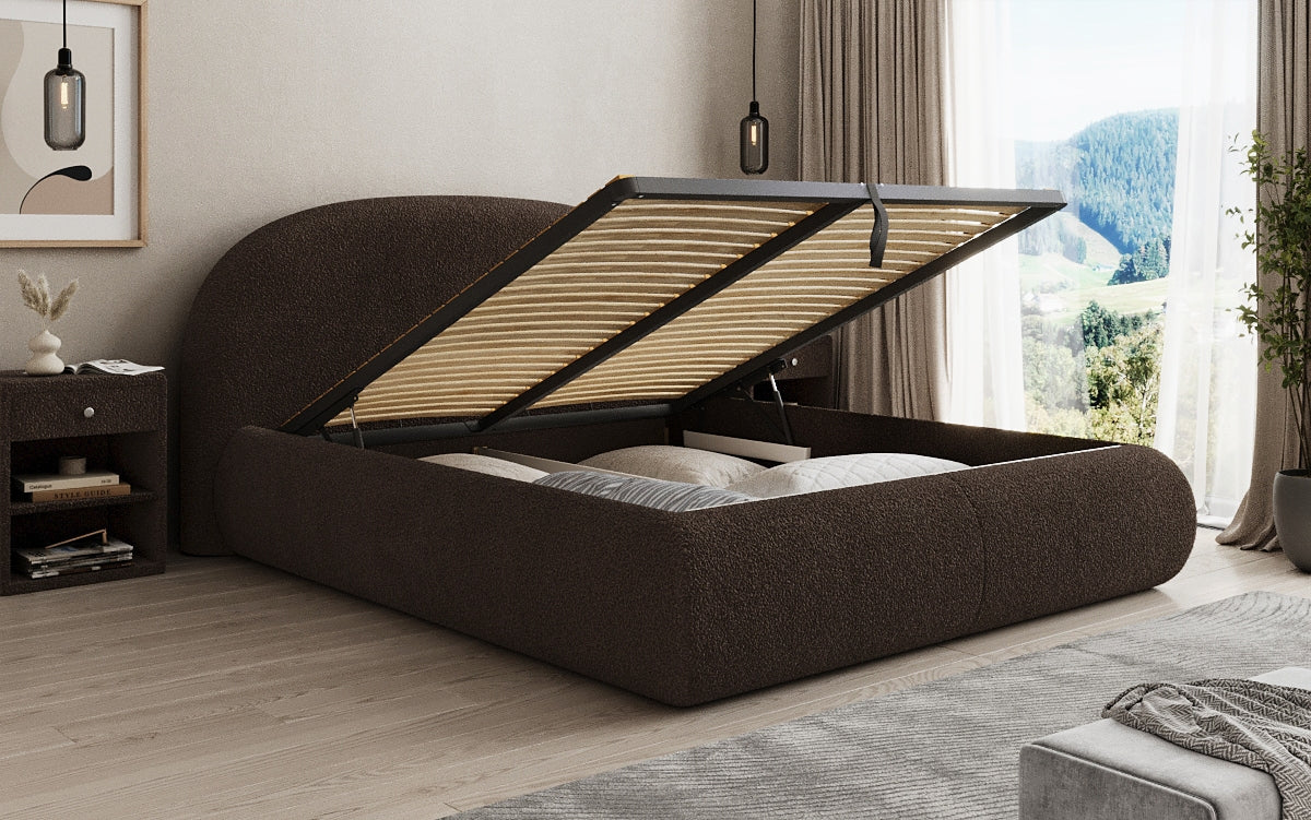 Designer upholstered bed Loop in teddy bouclé with storage space