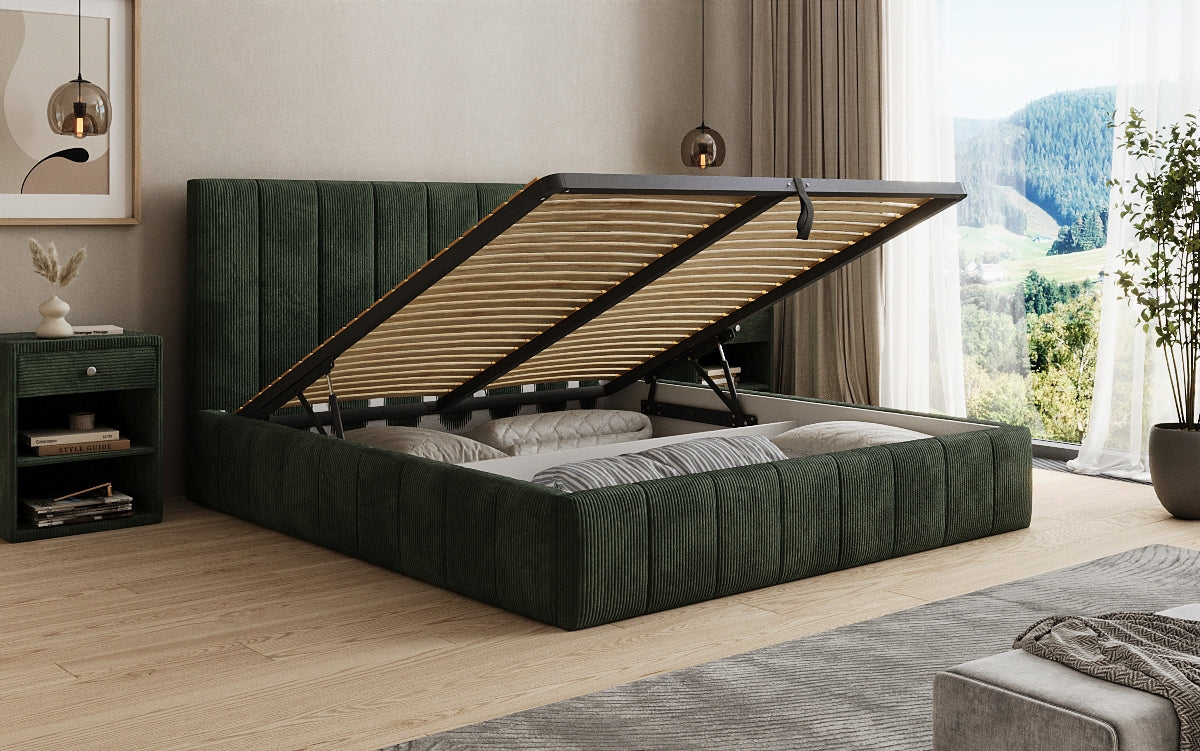 Designer upholstered bed Maja in Corduroy with storage