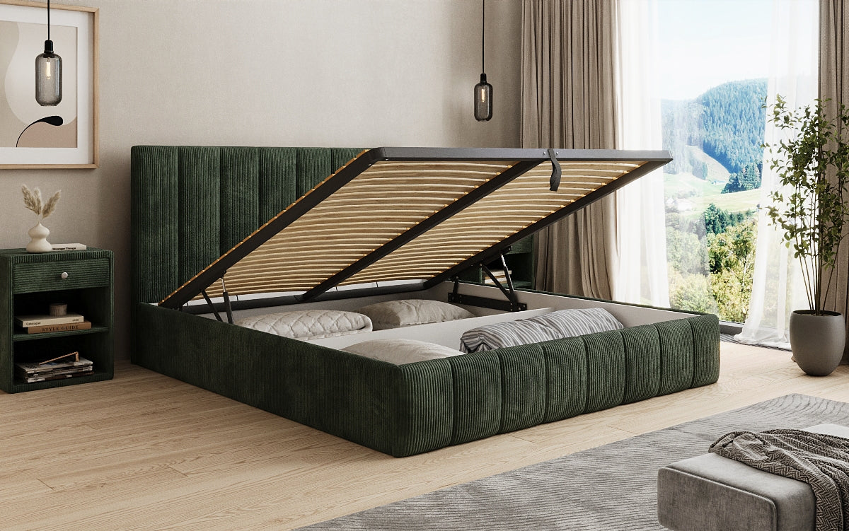 Designer upholstered bed Mila in Corduroy with storage