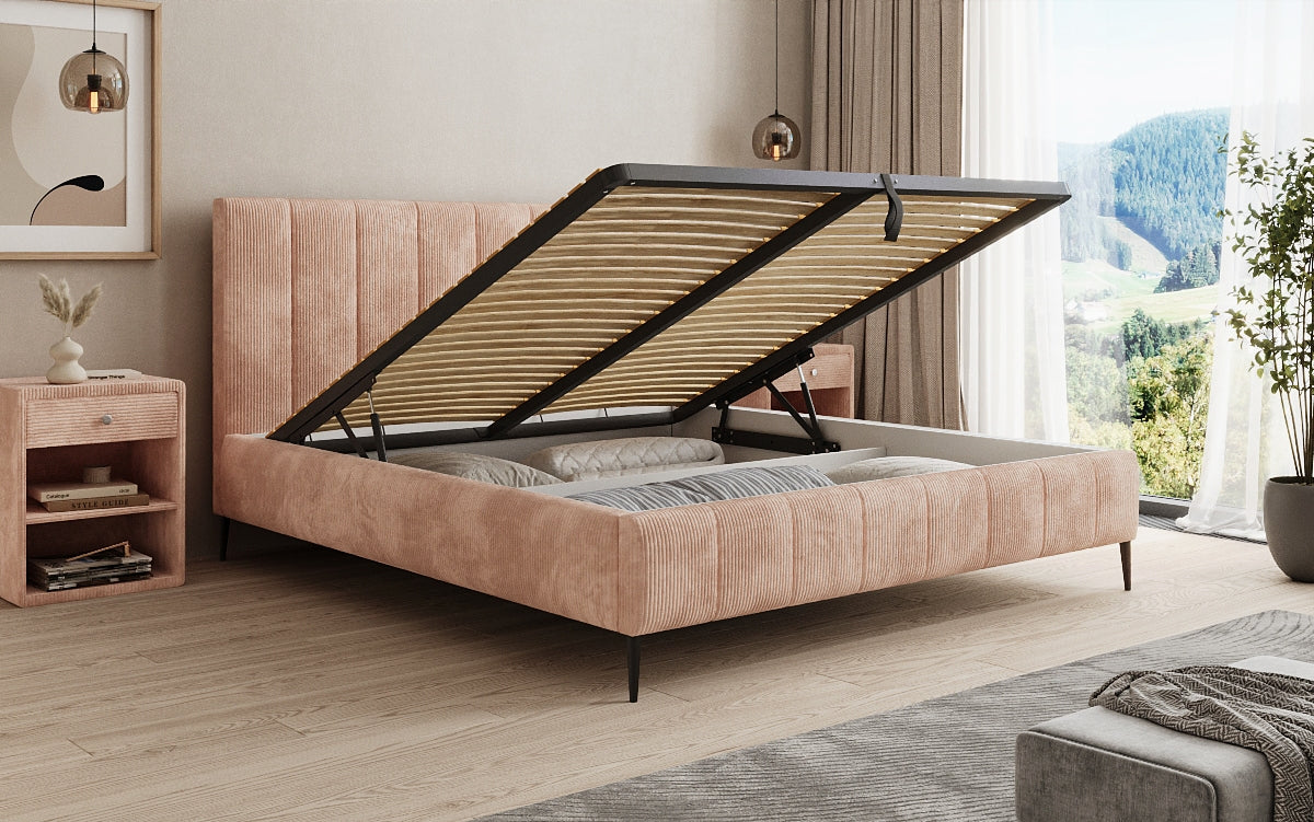 Designer upholstered bed Astrid in Corduroy with storage space