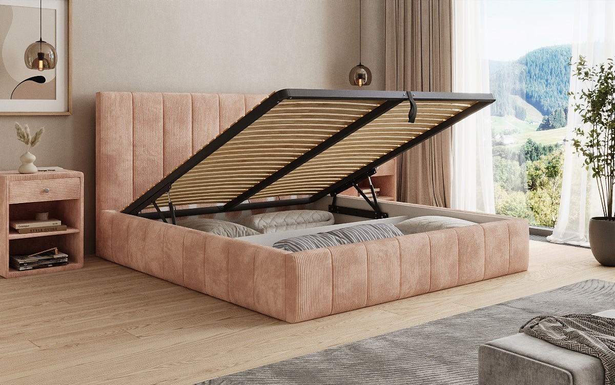 Designer upholstered bed Maja in Corduroy with storage