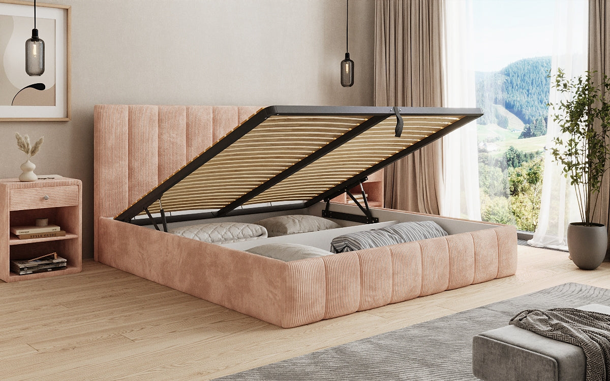 Designer upholstered bed Mila in Corduroy with storage