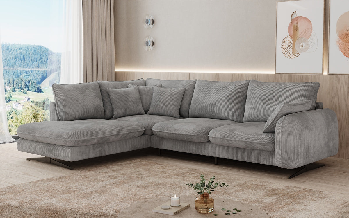 Designer corner sofa Laguna with metal feet in Corduroy