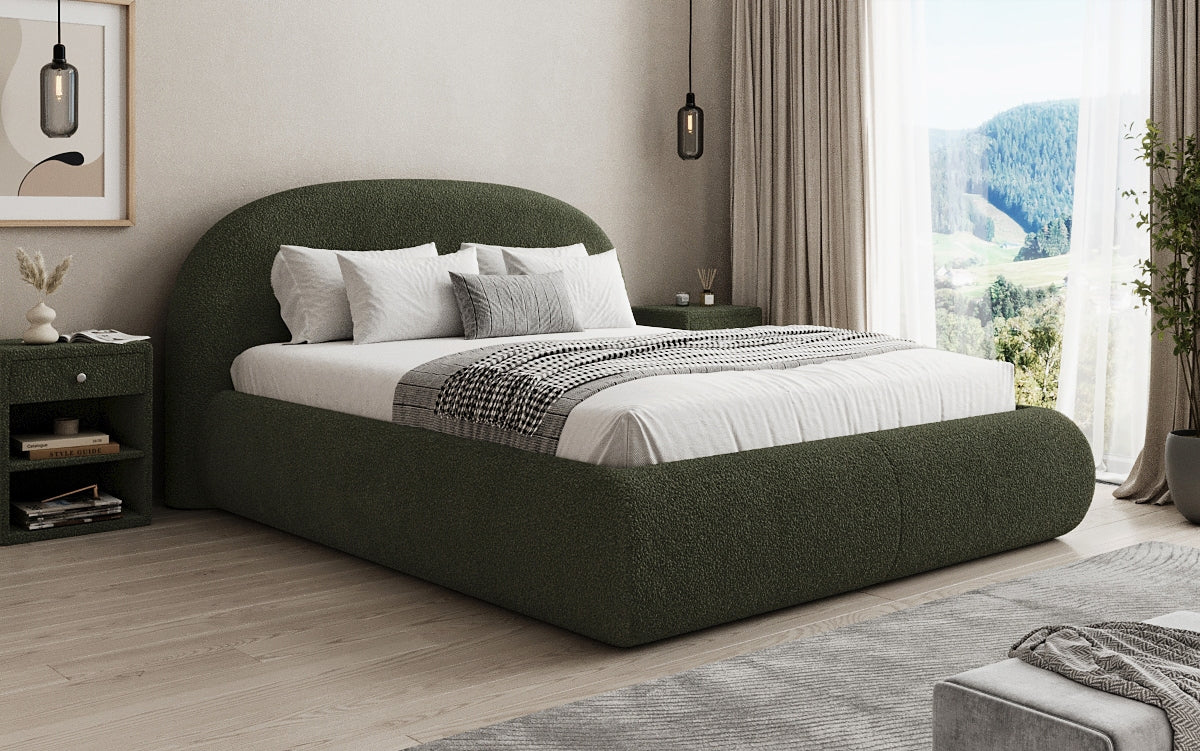 Designer upholstered bed Loop in teddy bouclé with storage space