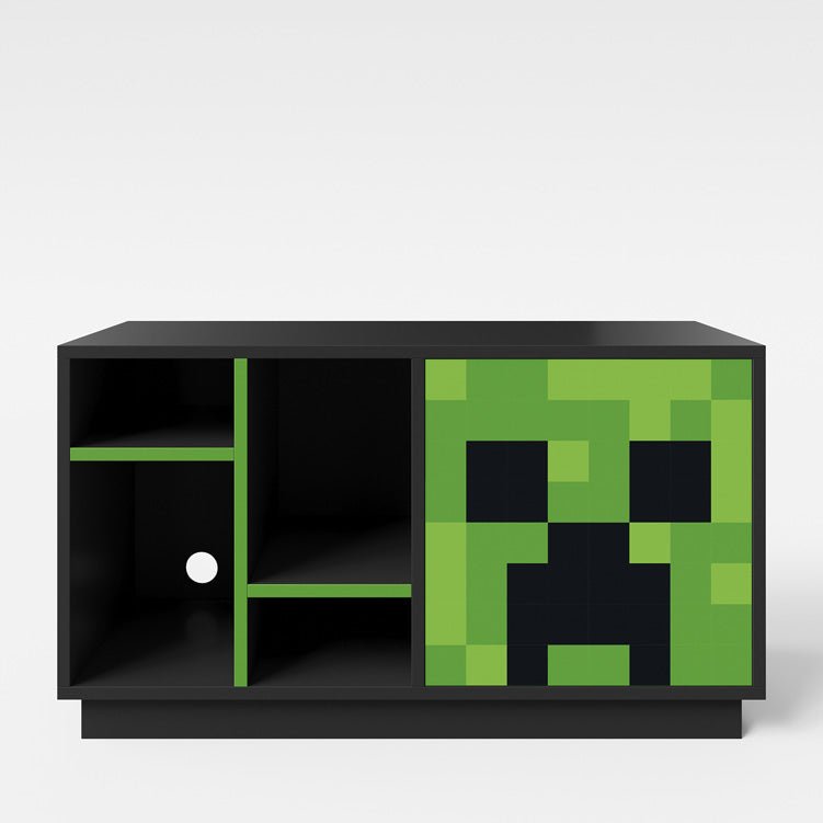 Minecraft TV lowboard "CreeperCube" – with push-open door & open compartments