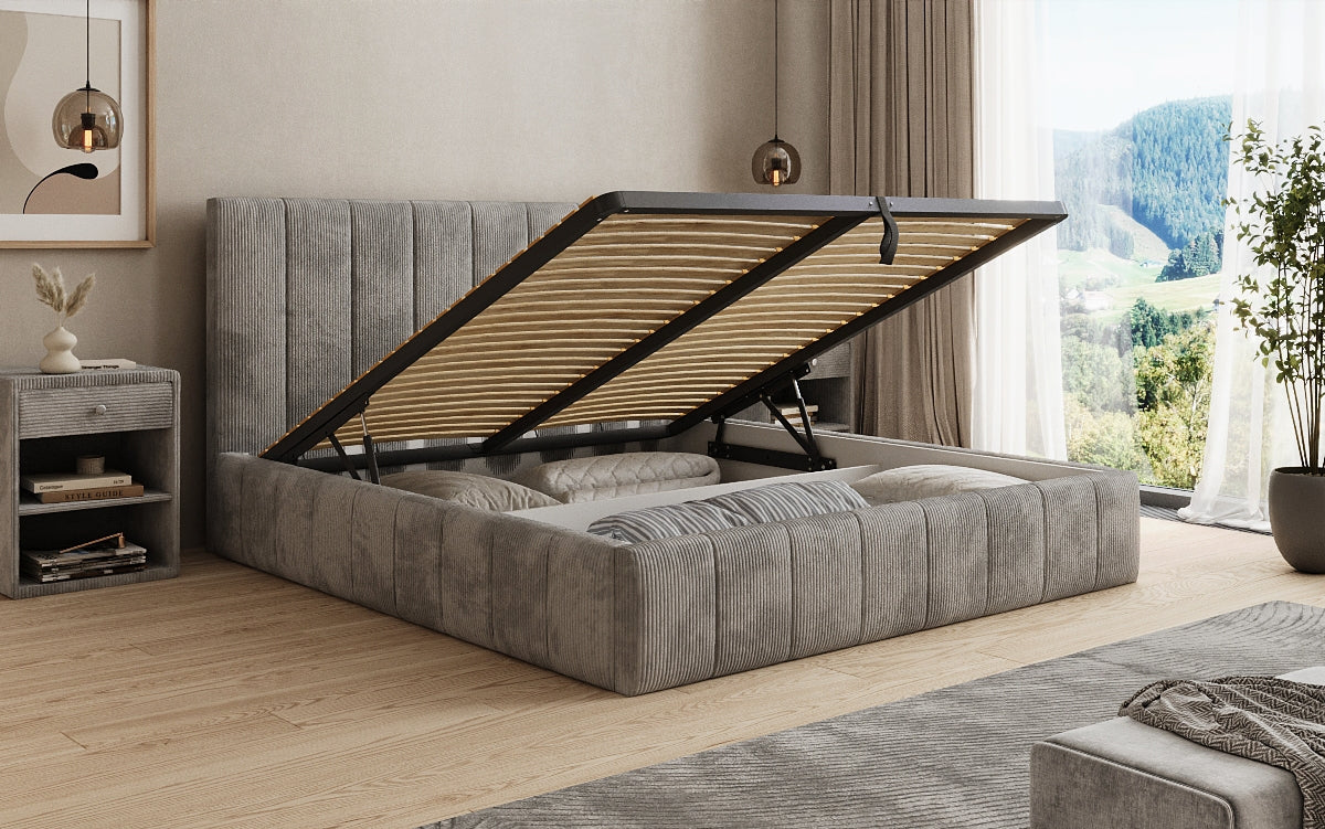 Designer upholstered bed Maja in Corduroy with storage