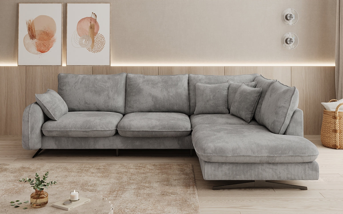 Designer corner sofa Laguna with metal feet in Corduroy