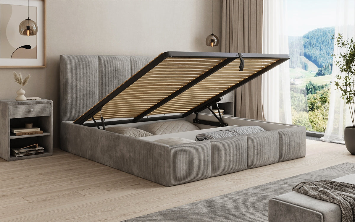 Designer upholstered bed Mina in Corduroy with storage space
