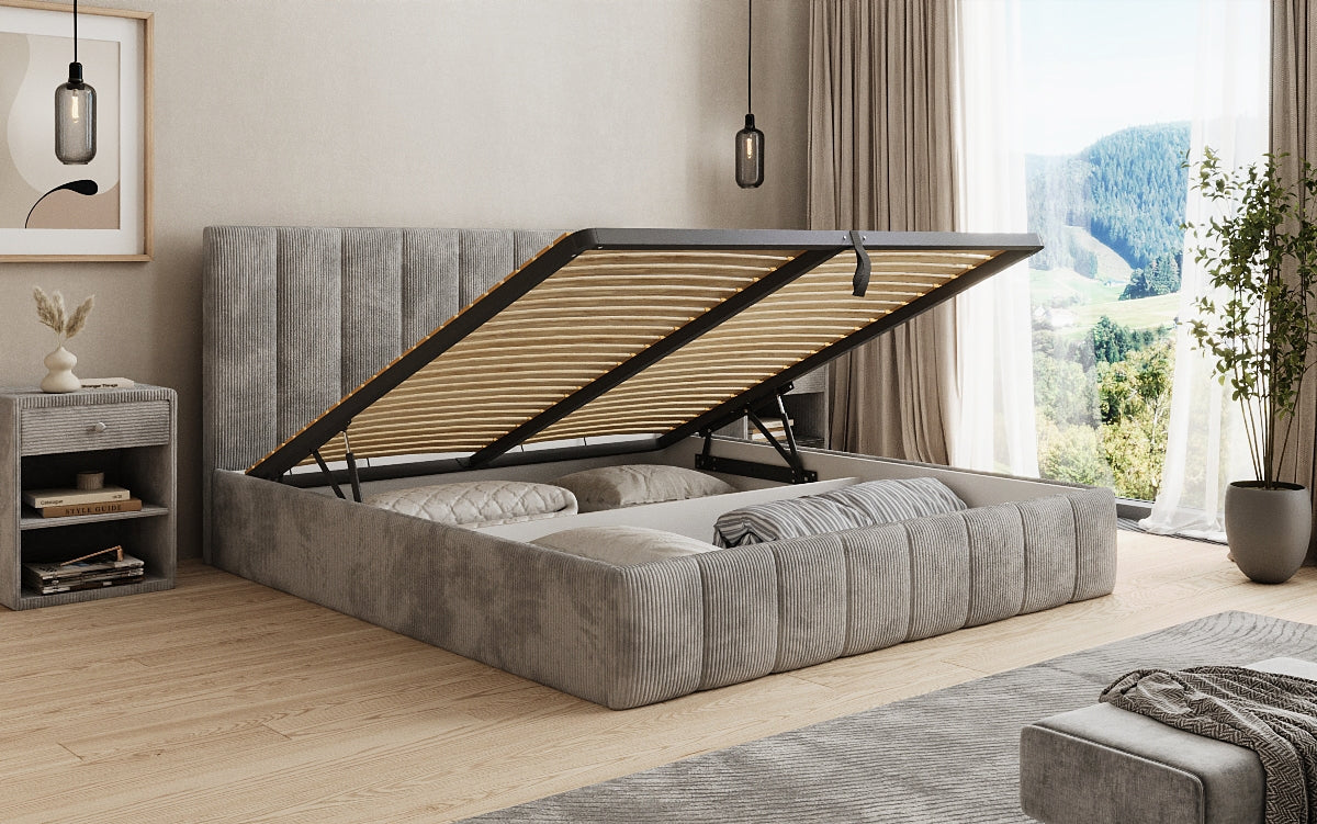 Designer upholstered bed Mila in Corduroy with storage