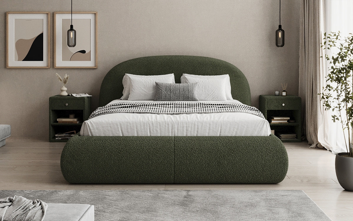 Designer upholstered bed Loop in teddy bouclé with storage space