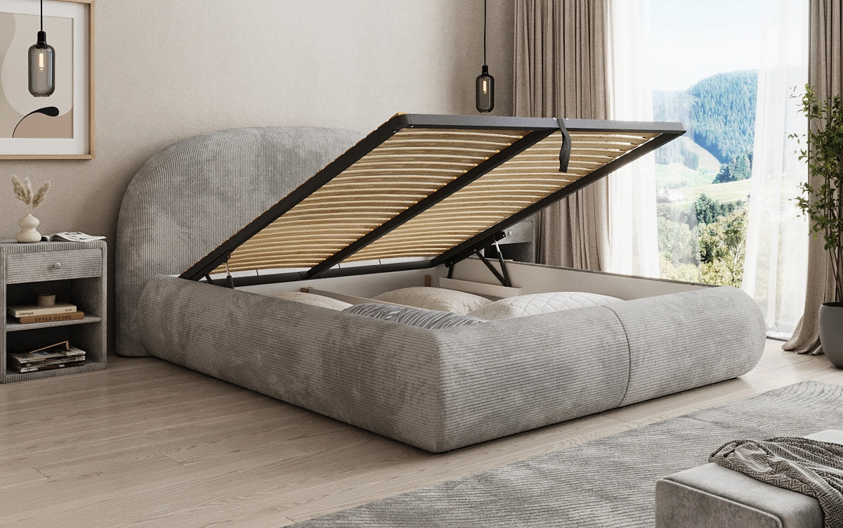 Designer upholstered bed Loop in Corduroy with storage space