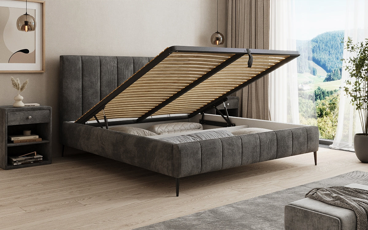 Designer upholstered bed Astrid in Corduroy with storage space