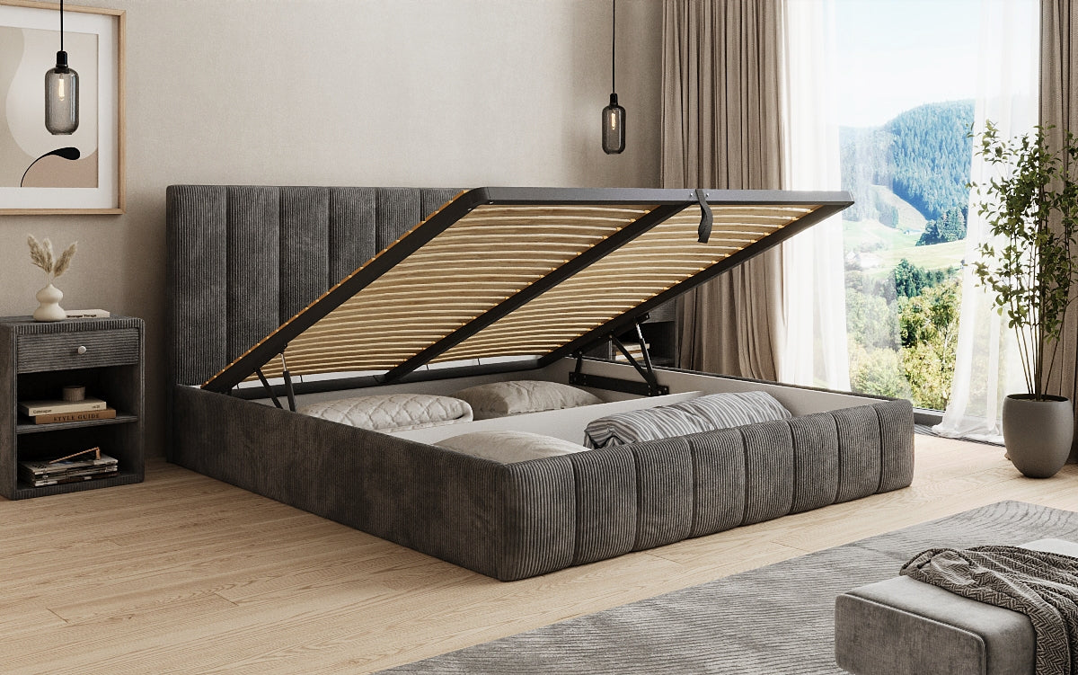 Designer upholstered bed Mila in Corduroy with storage