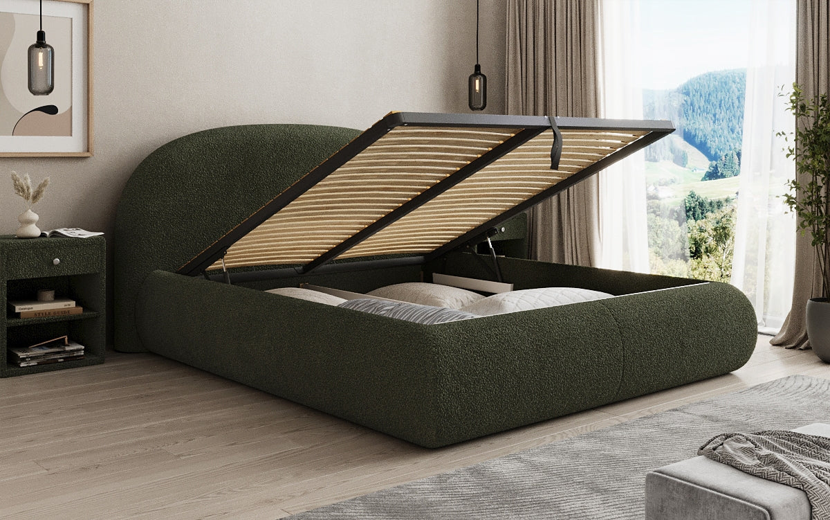 Designer upholstered bed Loop in teddy bouclé with storage space