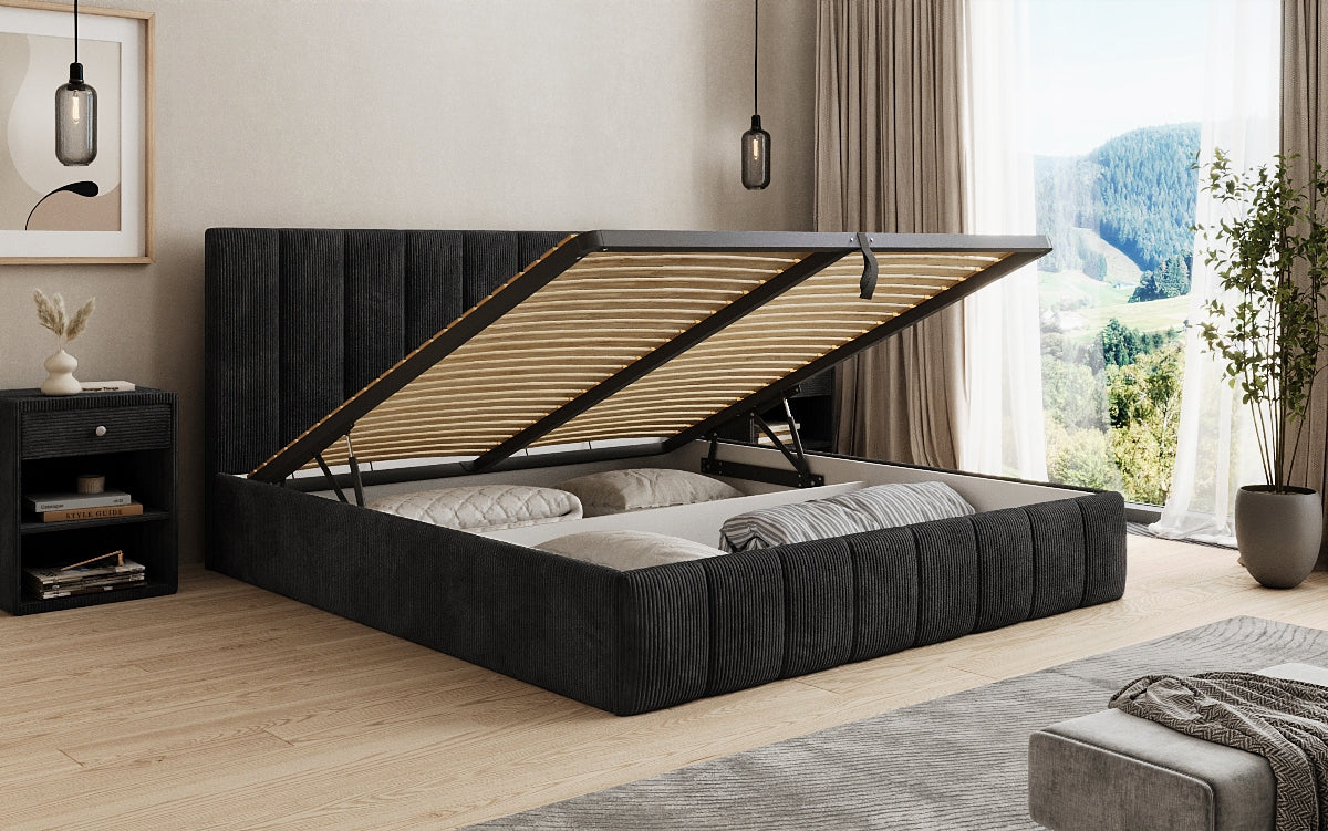 Designer upholstered bed Mila in Corduroy with storage