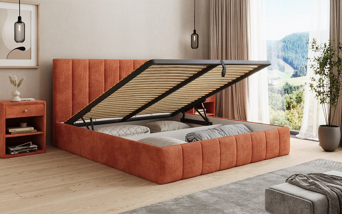Designer upholstered bed Mila in Corduroy with storage