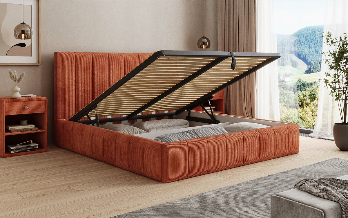 Designer upholstered bed Maja in Corduroy with storage