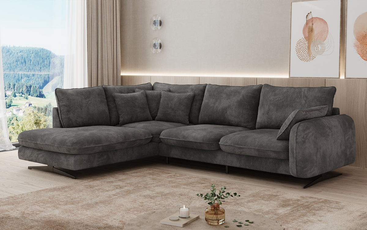 Designer corner sofa Laguna with metal feet in Corduroy