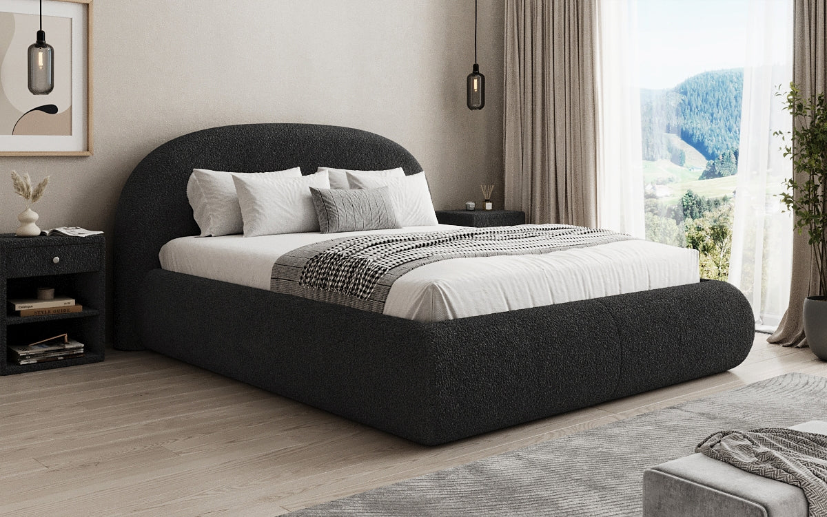 Designer upholstered bed Loop in teddy bouclé with storage space