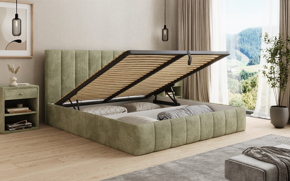 Designer upholstered bed Mila in Corduroy with storage
