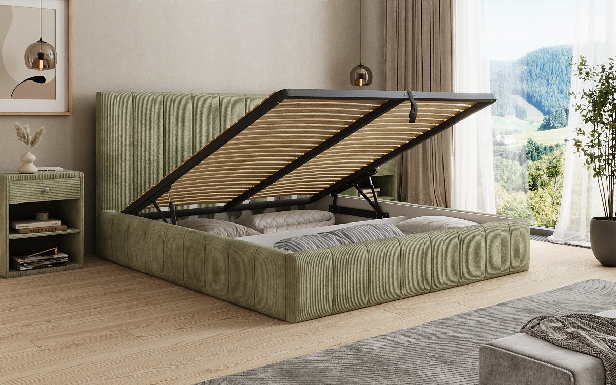 Designer upholstered bed Maja in Corduroy with storage