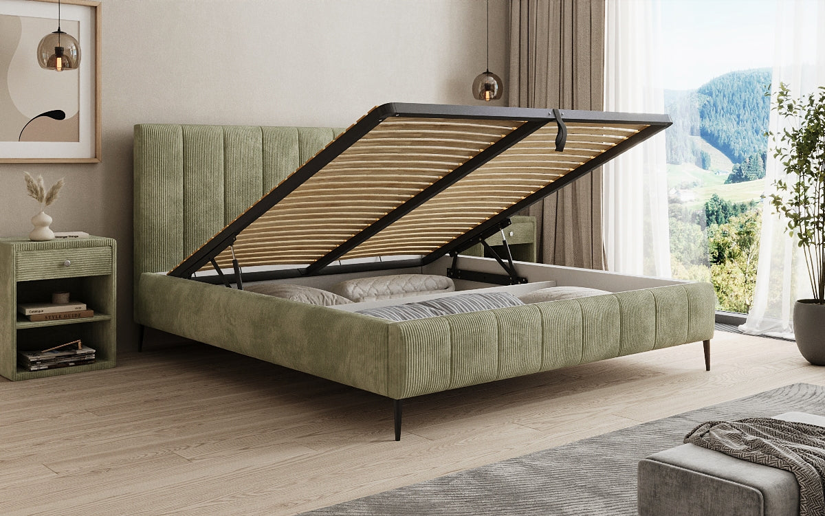 Designer upholstered bed Astrid in Corduroy with storage space