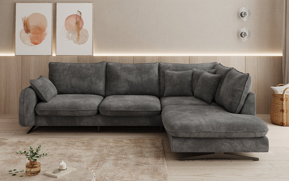 Designer corner sofa Laguna with metal feet in Corduroy