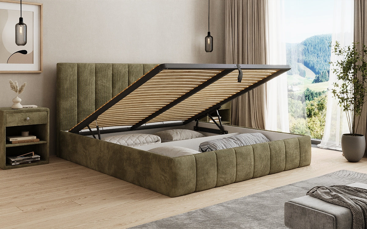 Designer upholstered bed Mila in Corduroy with storage