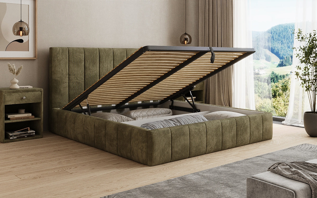 Designer upholstered bed Maja in Corduroy with storage