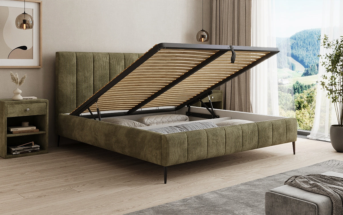 Designer upholstered bed Astrid in Corduroy with storage space