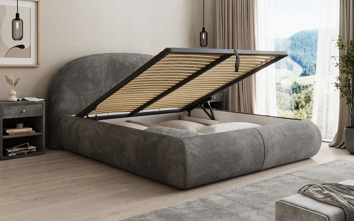 Designer upholstered bed Loop in Corduroy with storage space