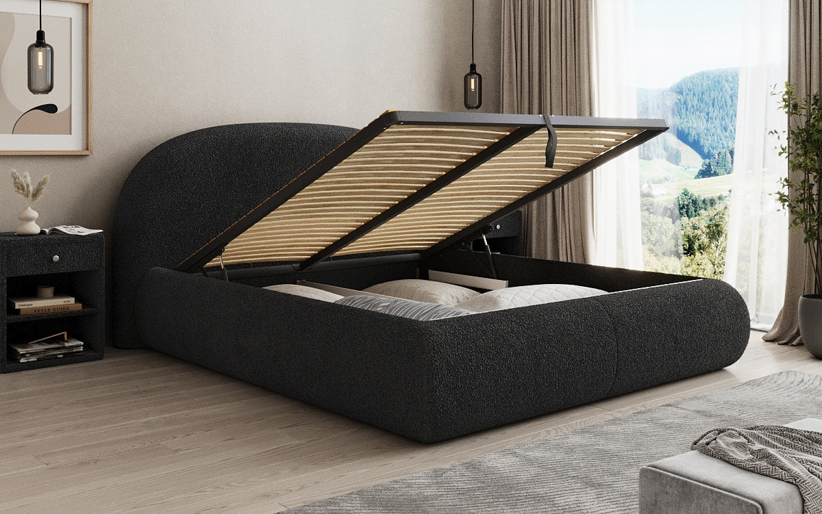 Designer upholstered bed Loop in teddy bouclé with storage space