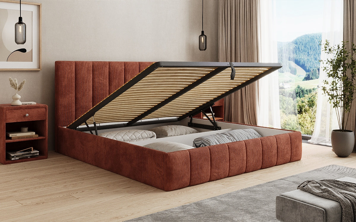 Designer upholstered bed Mila in Corduroy with storage
