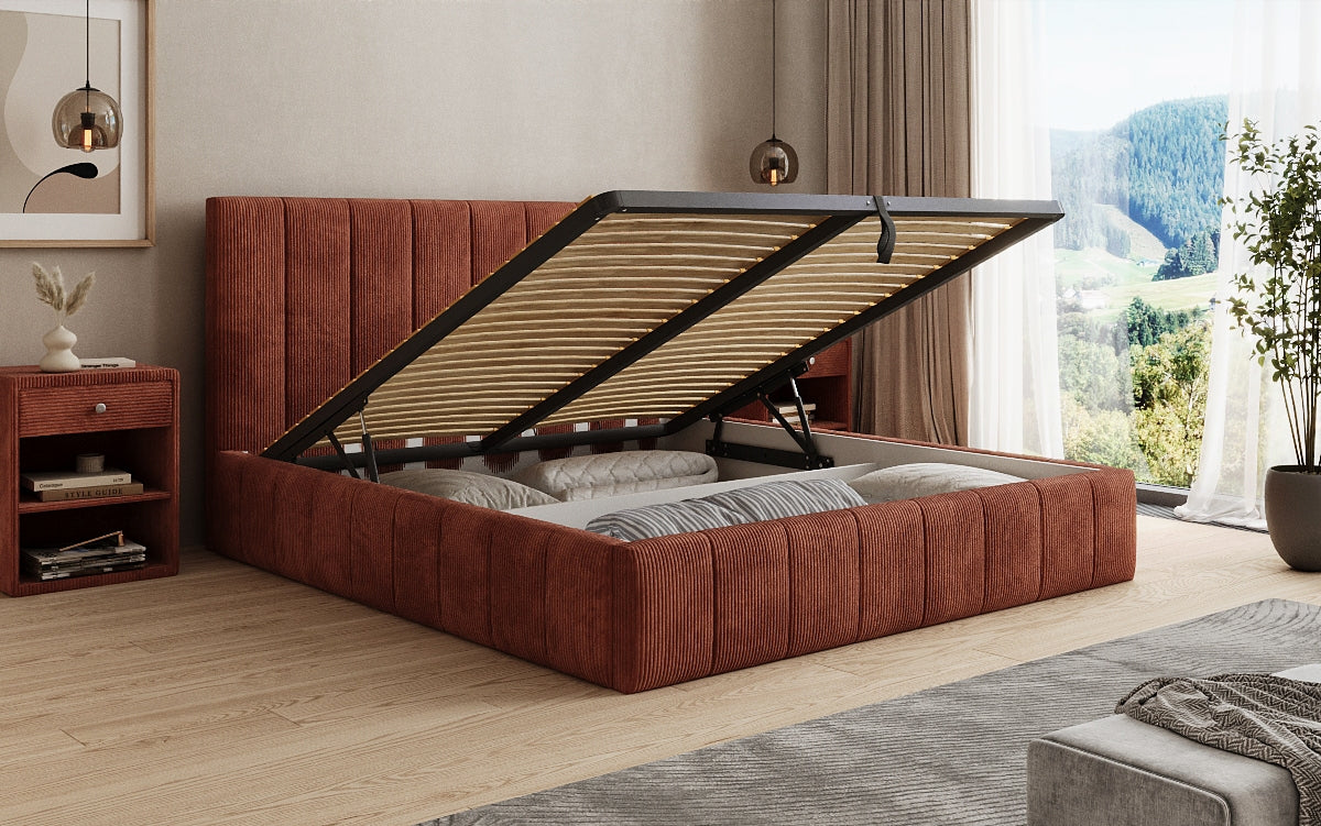 Designer upholstered bed Maja in Corduroy with storage